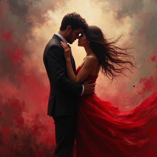 Couple locked in an emotional embrace under a stormy sky. Wind tears through clothes. Passion in every gesture. Oil painting style. Rich reds and dynamic brushwork. Dramatic contrast and emotional intensity.