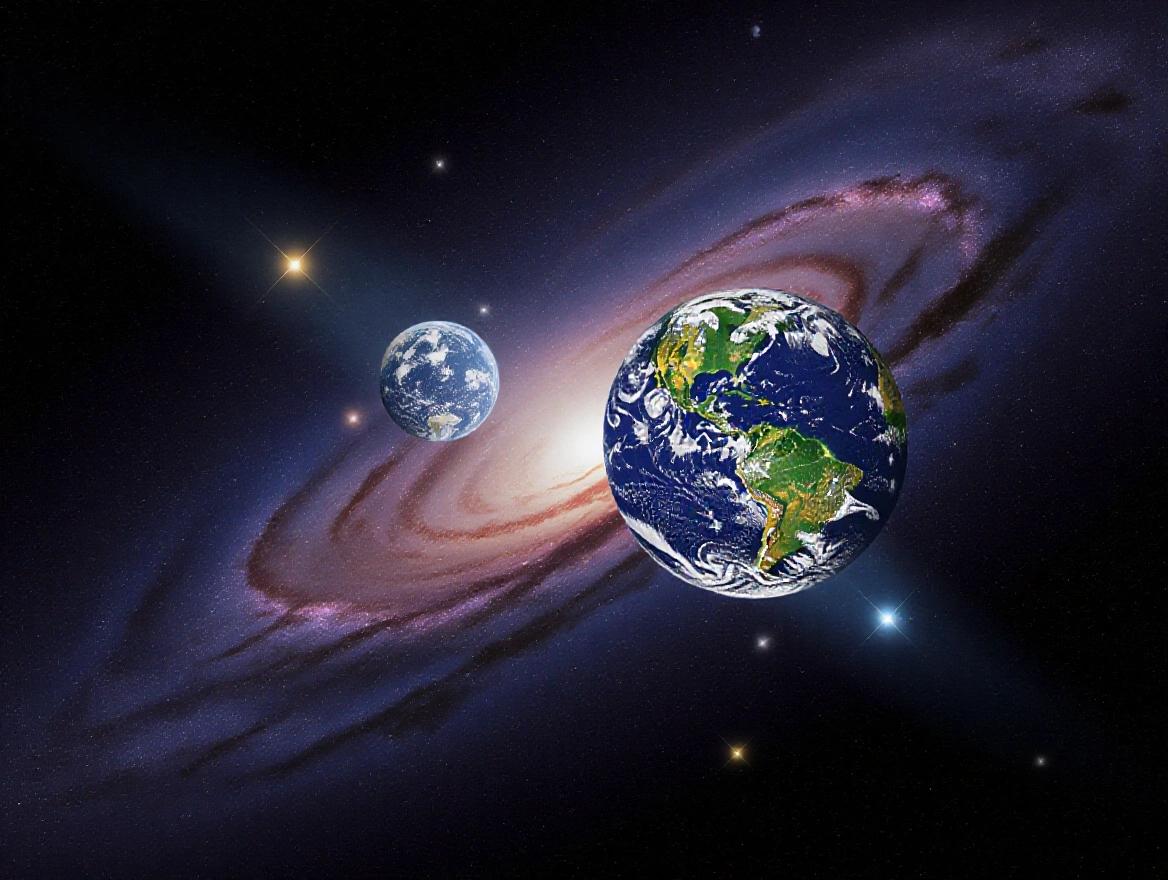 Create a realistic image of the planet Earth flying through space, leaving long light trails behind. The Earth travels diagonally from the bottom left corner to the top right corner. Surrounding space includes galaxies and bright stars.