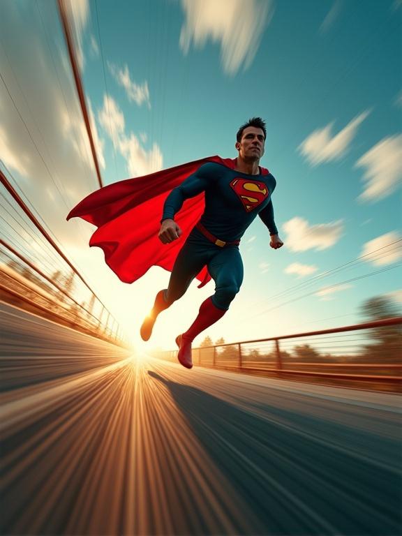 Dynamic unusual camera angle of a superhero running at high speed. Captured from low tilted perspective with limbs stretched mid-motion. Cape flowing behind. Background blurred with streaks of color. Emphasizes extreme speed. Superhero sharp and detailed. Dramatic lighting and exaggerated perspective. Comic book action style with high energy and cinematic motion blur.