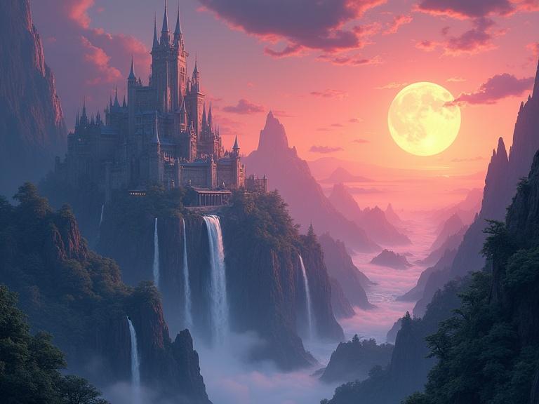 Majestic elven city carved into a glowing crystal mountain. Surrounded by floating islands and cascading waterfalls. Vibrant sunset with two moons in the sky. Ethereal and magical atmosphere. Hyper-detailed art style.