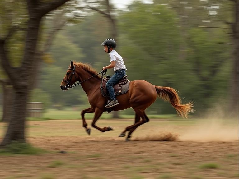 Young rider on a horse running fast in a natural setting. Trees are blurred in the background. Dust is kicked up by the horse's hooves. Rider wears a helmet and casual attire.