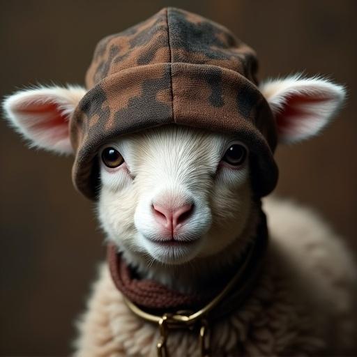 Portrait of a little lamb wearing bandit's headgear