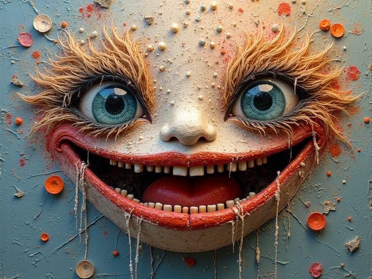 3D abstract artwork featuring a large, hairy smile. Mixed media elements include newspaper, jute fibers, wood, sand, and confetti. Textures are varied with impasto techniques. The composition has luminous colors and a sense of depth. Evocative and magical appearance.