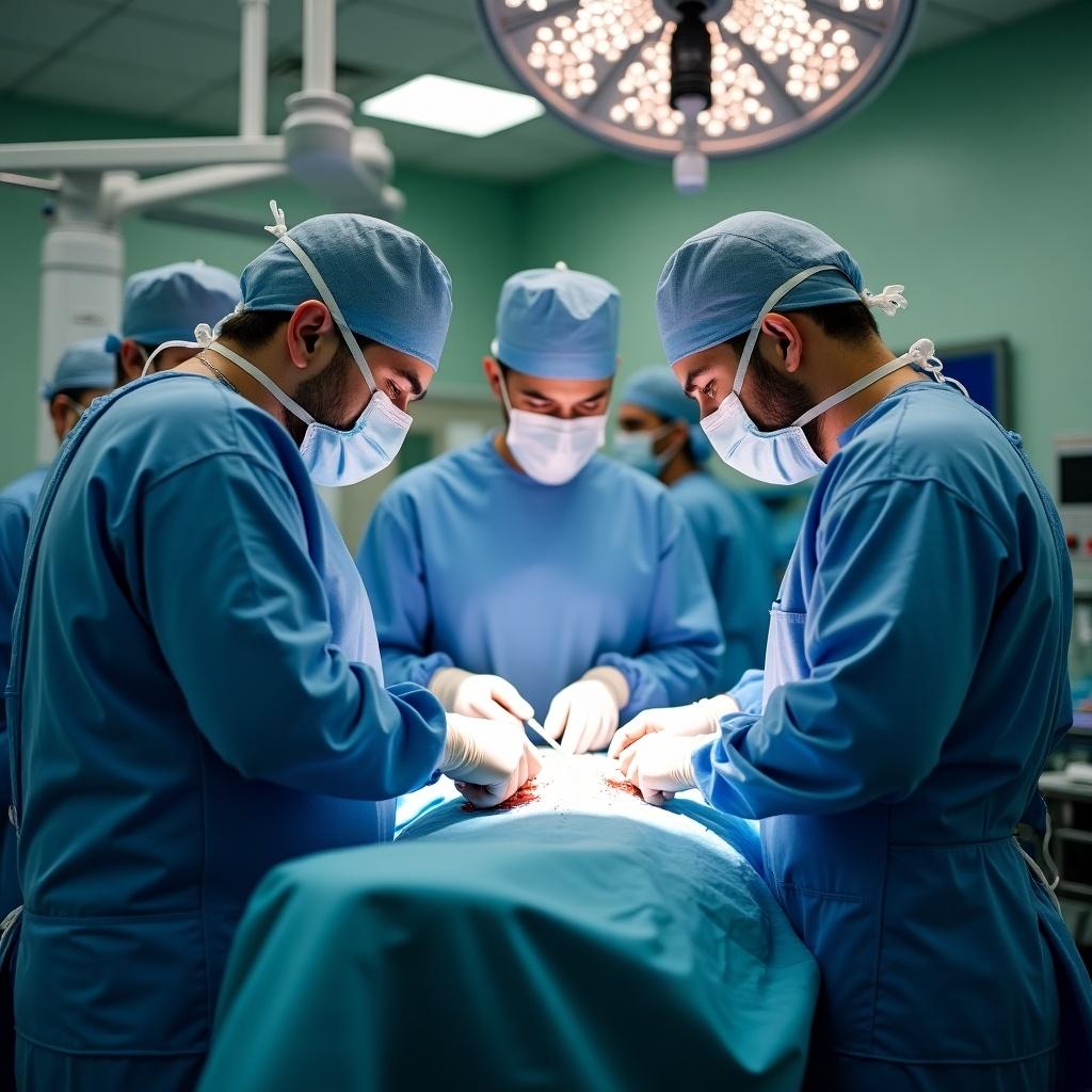 A hospital operation room with a surgical team performing a procedure under general anaesthetic. Surgeons wear scrubs and masks. Medical tools and equipment are present.