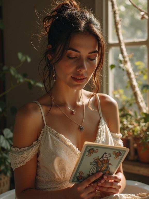 A woman practicing cartomancy. Reading tarot cards amidst greenery