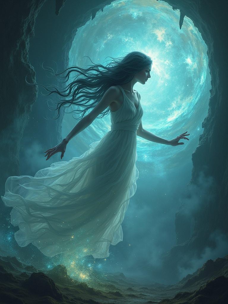 A mesmerizing scene featuring a banshee in a flowing white dress. The figure emerges from a cave illuminated by a large moon. Wisps of energy trail behind her as she moves gracefully. The surrounding environment is misty with deep blues and soft whites creating an ethereal atmosphere.