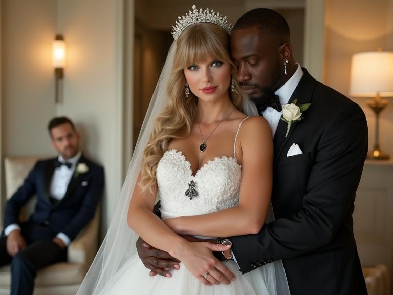 A bride in a white wedding dress is embracing a large black male rapper in a hotel room. The bride has long blonde hair styled in twintails and sharp bangs. Her blue eyes have a captivating look. She wears a black spade pendant and high heels. A white man in a wedding suit sits in the corner, looking sad. The bride is smirking at the viewer. Full body shot.
