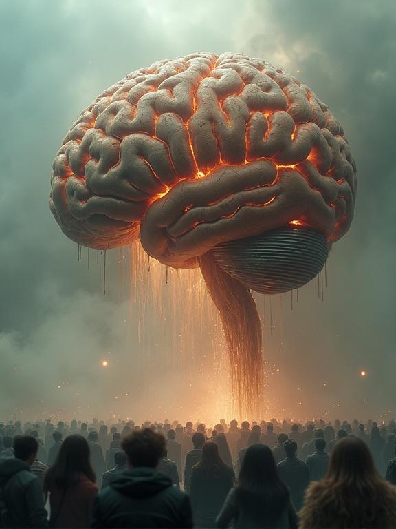 Cinematic wide-angle view shows a massive AI brain floating in the distance revered by a crowd. The organic brain sheds its decaying shell, resembling ecdysis. The outer shell appears cracked and brittle, releasing organic textures, while the emerging brain shines with synthetic alloy and neural fibers. Themes of transformation and cyber-organic evolution dominate, with smoke in the background and dramatic cinematic lighting.