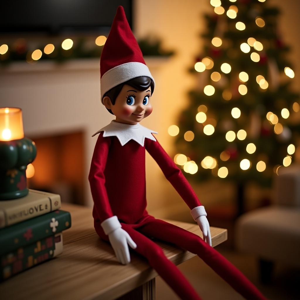 Elf doll with red outfit sits on a table in front of a decorated Christmas tree. Warm lights sparkle in the background creating a festive ambiance.