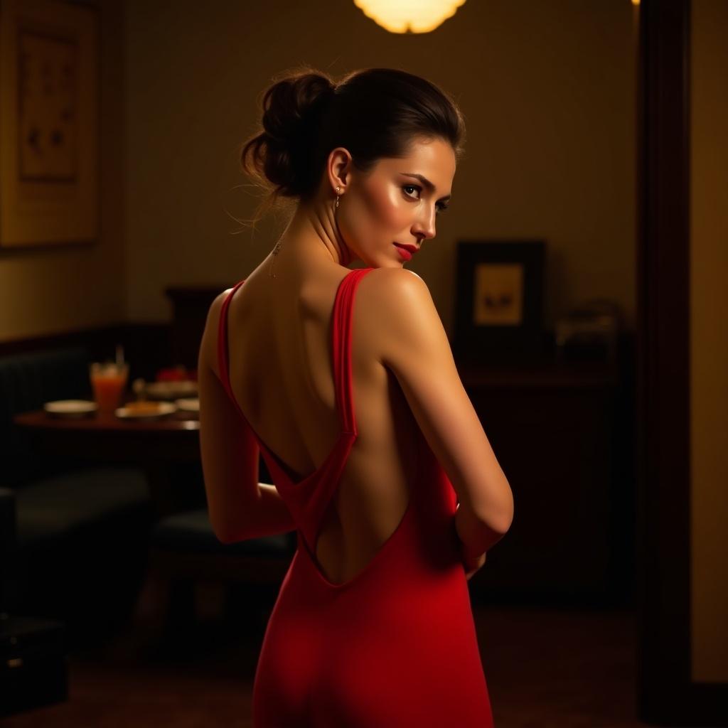 Image features a woman wearing a red evening gown with an open back. The setting is cozy and intimate with dim lighting. The woman gazes back over her shoulder, adding allure and mystery to the scene.