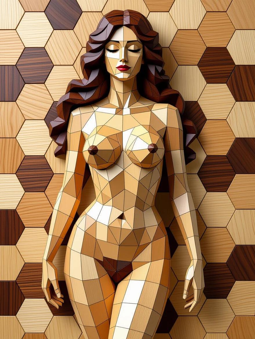 3D sculpture of a nude woman crafted from hexagonal wooden tiles. Mosaic pattern features oak walnut maple and cherry finishes. Polished to reflect light in stunning detail. Perfect for modern decor.