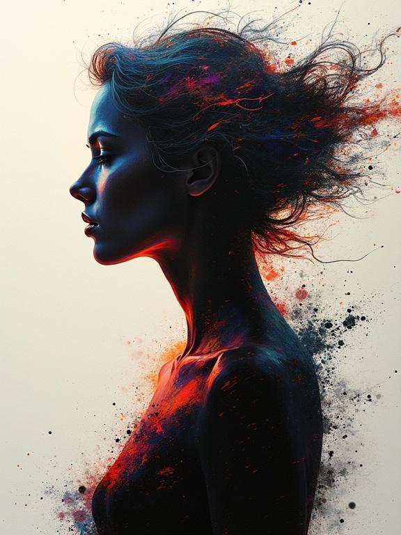 A kinetic rough digital oil painting features a woman's silhouette. The silhouette disintegrates and pixelates. The image shatters into separate colors. The brush strokes are rough and abstract. It has a surreal vibe with extreme perspective.