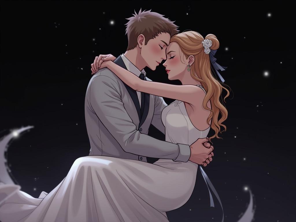 The image depicts a romantic scene between two characters. One character is holding the other in an embrace, suggesting a moment of intimacy. The character in the foreground appears to be wearing a formal outfit, while the one being held is dressed in a wedding gown. The background is dark, helping to highlight the figures in the scene. The overall style of the image seems to be illustrated or painted, giving it a dramatic and emotional feel.