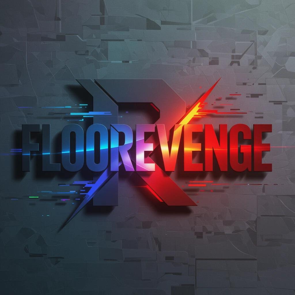 Futuristic game logo design featuring the title 'FLOOREVENGE'. Uses bold geometric sans-serif typography. The letter 'R' has a gradient from blue to red. The other letters are solid dark gray or black. Includes glitch effects and digital textures. The composition has a 3D appearance with soft shadows. Perfect for an action game theme.