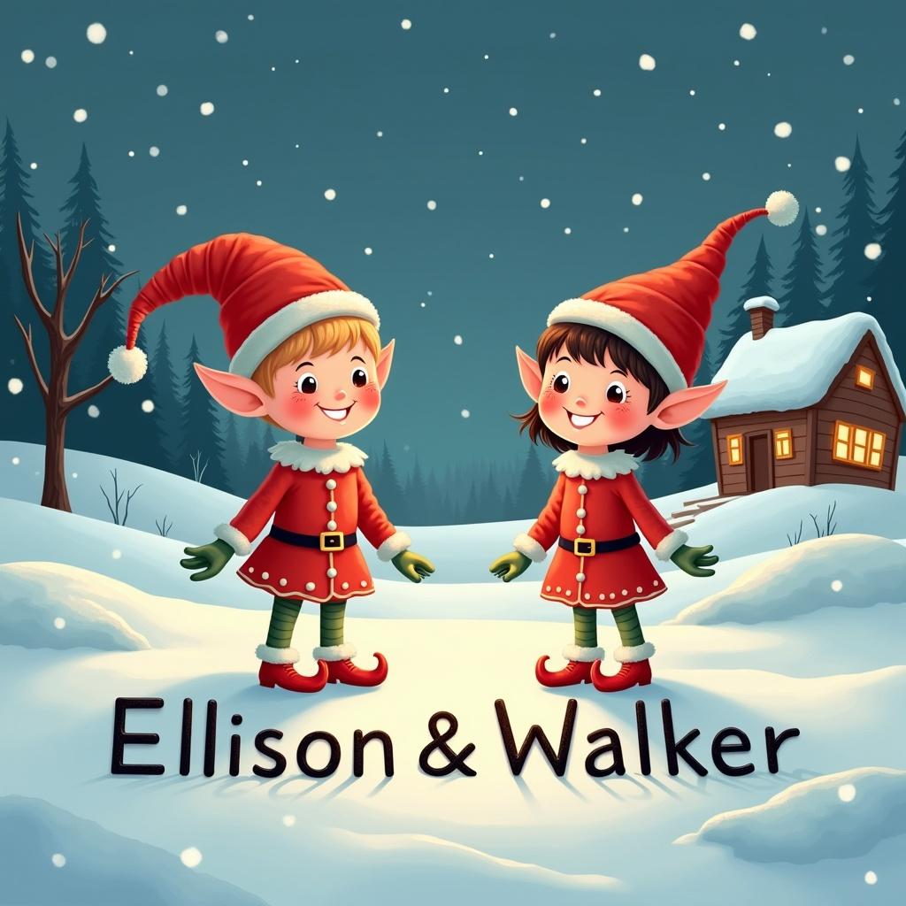 Image features elves in a snowy landscape. Elves wear red outfits. Scene includes quaint cabin with lights and elves writing Ellison & Walker in the snow.