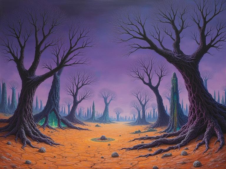 Surreal landscape painting features skeletal trees under a violet sky. Ochre ground covered in crystalline formations. Scene evokes unsettling beauty. Style reminiscent of Salvador Dalí and Zdzisław Beksiński. Dominated by tall, angular trees, dramatic lighting enhances unease. Textures detailed and focused, offering melancholic wonder.