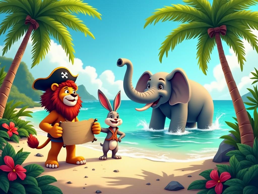 A cartoon scene on a tropical beach with a pirate lion holding a treasure map, a happy rabbit by his side, and an elephant splashing in the water. Palm trees and hibiscus flowers decorate the scene, with clear blue skies above.