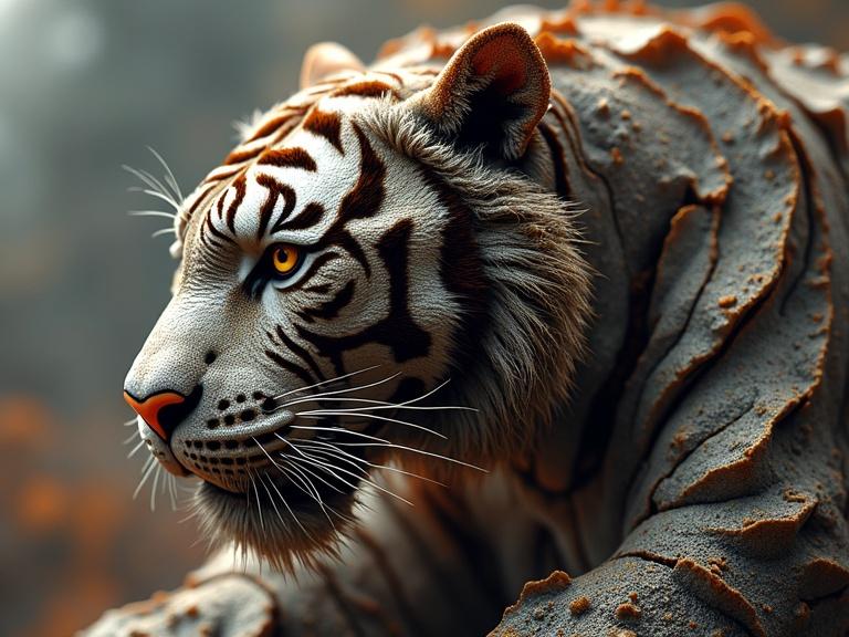 Close-up view of a tiger's face displaying detailed textures. The colors include orange, black, and white. The image has a soft glow effect and highlights the tiger's features.