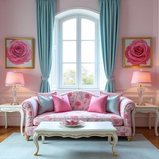 A big spacious room features a pink rose print sofa with light blue curtains. The room contains a white coffee table with gold trim and white end tables. Pink lamps with crystals and rose print shades sit on the end tables. The walls are light pink. A bay window has light blue sheers and paintings of pink roses framed on either side.