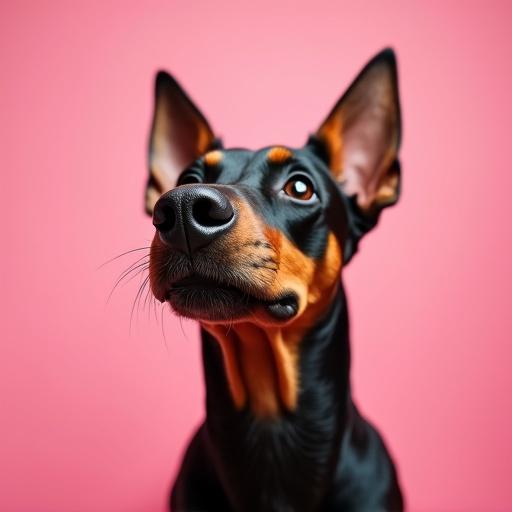 A close-up portrait of a curious Doberman dog tilting its head. The dog's nose is exaggerated in the foreground due to wide-angle lens. Large upright ears and detailed skin texture are visible. The background is smooth pink with professional lighting. The style is humorous with engaging elements for a pet magazine cover.