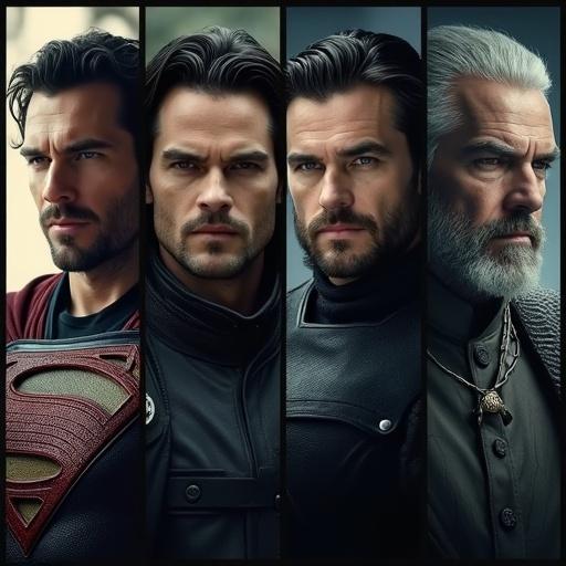 Four vertical grid image showcasing Henry Cavill's characters from his movies. Include Man of Steel, The Witcher, Argylle, and The Ministry of Ungentlemanly Warfare in a cinematic style. Maintain a 16:9 aspect ratio without text.