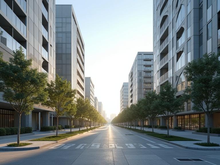 Front view of a hyper realistic modern street with contemporary buildings lined on both sides and trees along the sidewalk.