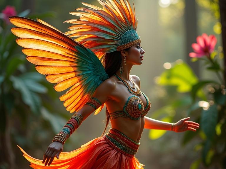 Female Maya dancer creates energy with colorful feather headdress. She wears bright body paint. Dancer moves rapidly through tropical flowers under soft light.