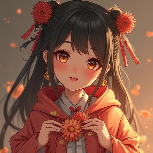A cute girl poses for a selfie in front of a mirror. She wears a JK style cosplay outfit and holds flowers. The setting is casual with warm lighting. The composition is informal.