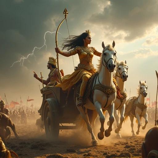 Scene from Mahabharata war. Arjuna on chariot with four white horses. Krishna drives the chariot. Arjuna aims divine arrow with Gandiva bow. Stormy sky filled with lightning. Battlefield shows chaos with fallen warriors and broken flags. Divine aura surrounds characters. Cinematic and detailed fantasy art.