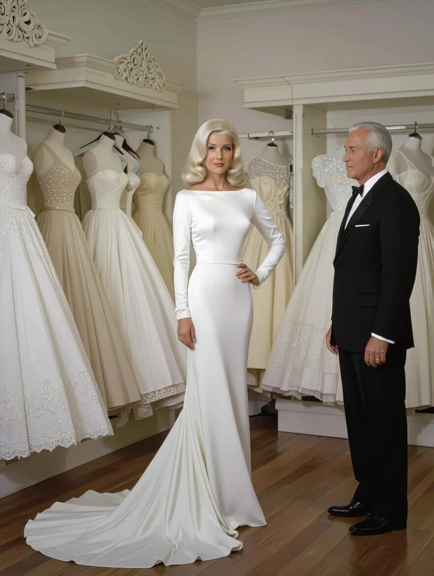 A stunning portrait features a woman with platinum blonde hair wearing a long form-fitting wedding dress. Beside her is an older man in a tuxedo. The scene is set in a wedding dress boutique decorated elegantly with delicate gowns displayed.