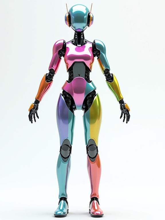 Futuristic colorful android robot with an elegant humanoid design. Arms slightly away from the body in an open pose. Body features vibrant colors including blue, pink, green, and yellow in metallic patterns. Visible mechanical details and LED lights. Background is plain white, clean and simple. Rendered in realistic 3D with soft lighting and subtle shadows.