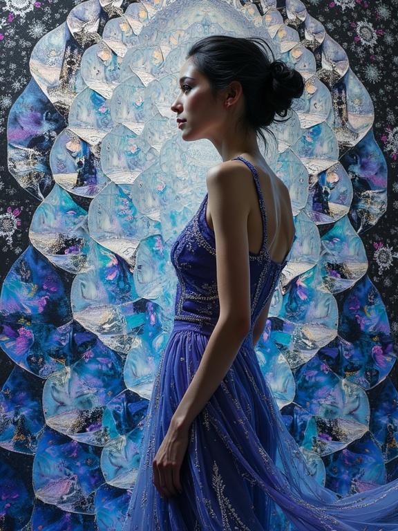 Portrait of a stunning woman in a transparent dress. Surrounding intricate geometric patterns. Soft ambient lighting. Colors of blue, violet, and silver. Side profile composition.