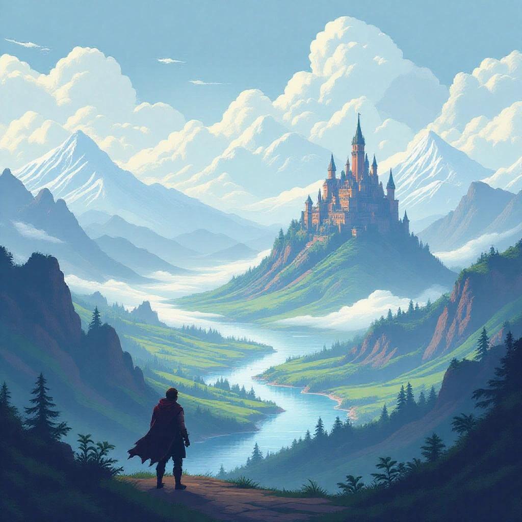 A man in a foggy landscape. Artwork of a lone adventurer gazing at vibrant landscape with rolling hills, pristine waters, and an imposing castle on a mountain. Scene is bathed in daylight, casting shadows and highlighting the terrain.