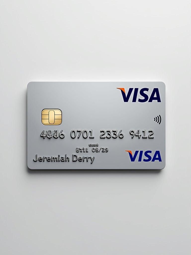 Realistic image of a Visa credit card. Card number is 4446 0701 2336 9412. Name Jeremiah Derry listed under Visa logo. Expiration date is 08/29. Clean silver background. Bold black font for text.