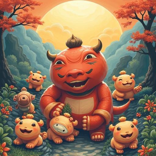 Cheerful fantasy creature leading smaller creatures along a path during sunset. Lush environment with stylized trees and soft lighting. Bright colors and playful expressions.