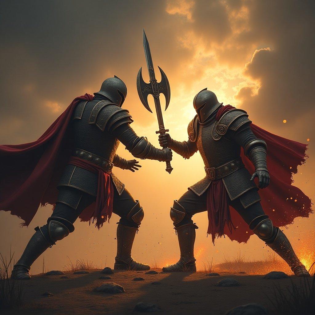 Two armored knights fighting in a dramatic battle scene. Sunset casts a glowing background. Each knight wields a unique weapon. Dynamic motion with action elements.