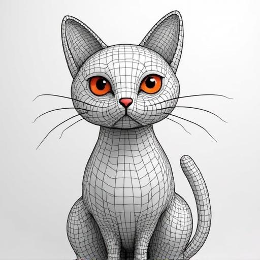A wireframe model of a stylized cat. The cat features large orange eyes and is designed with a simple geometric structure. It has long whiskers and a smooth surface.
