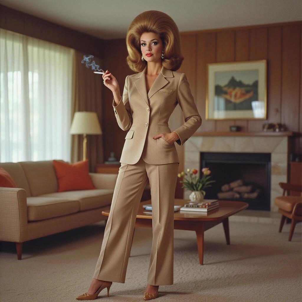 1970s housewife with big beehive hair wearing a beige pantsuit and high heels. She holds a cigarette, stands poised in a mid-century modern living room with warm lighting and stylish furniture.