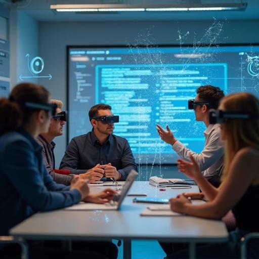Diverse group of students in a modern classroom wearing augmented reality glasses. Students interact with floating holographic lines of code and 3D data visualizations. The atmosphere is collaborative and futuristic.