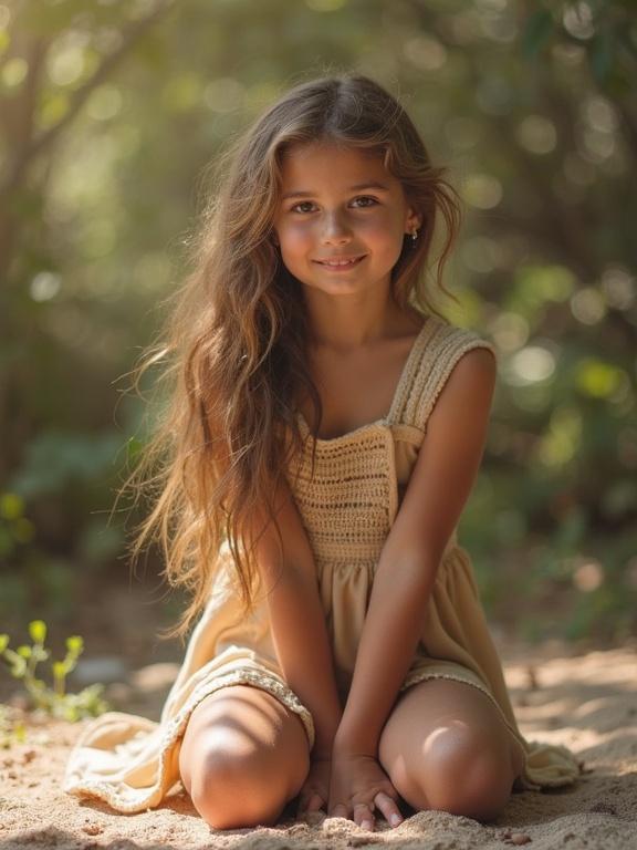 Portrait of a young girl kneeling in a natural setting. She has long hair and a joyful expression. The background includes greenery and soft lighting.