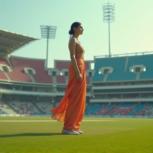A woman wears a traditional outfit in a cricket stadium. Background features massive tricolor seating. The drone shot shows height difference. The scene contrasts traditional attire with sports architecture.