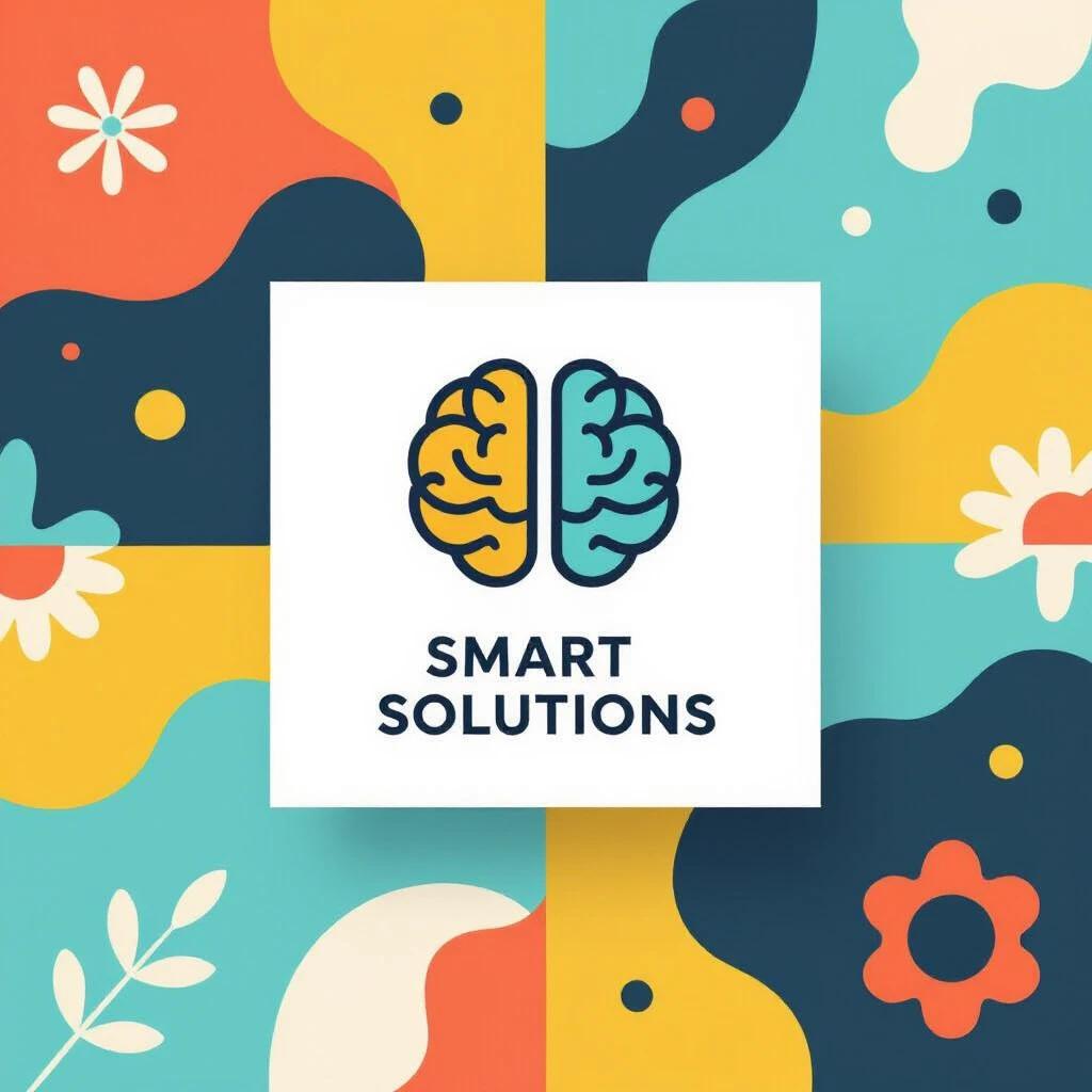Logo design for an agency named Smart Solutions. Features professional typography. Includes a minimalist brain icon. Modern and colorful background elements.
