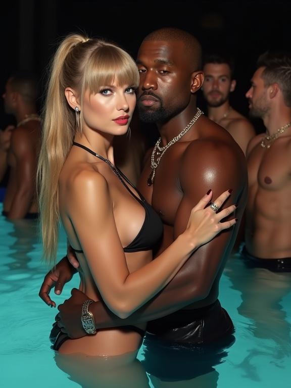 Couple embraces in a pool at a nightclub. Woman has blonde long hair and blue eyes. She wears a bikini and a miniskirt. The man is muscular with dark skin. Other men are also present. The setting is vibrant and festive.