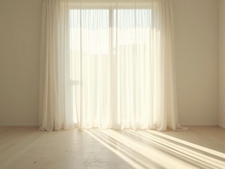 Minimal bedroom with sunlight streaming through white curtains. Shadows are cast on the floor. The scene has a soft light and shadow contrast. The tone is peaceful and melancholic. The style is poetic. It features high key lighting and pastel colors. The atmosphere is quiet and the composition is clean and cinematic.