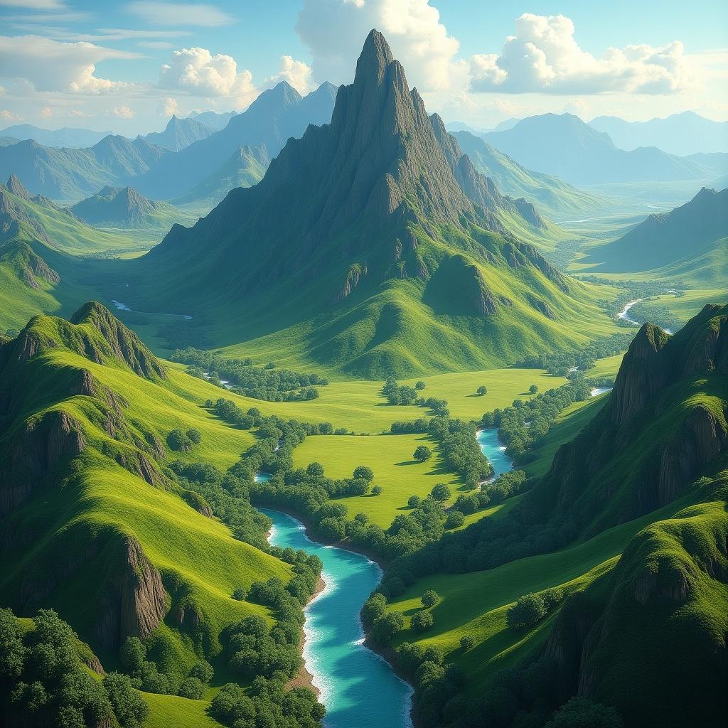 This image depicts a breathtaking fantasy heightmap showcasing a majestic mountain range. Towering peaks rise dramatically over lush green valleys, while a pristine river winds gracefully through the landscape. The scenery is bathed in soft, natural light that enhances the vibrant greens and blues. This serene setting evokes a sense of adventure and tranquility. Perfect for inspiration in fantasy art and design projects.