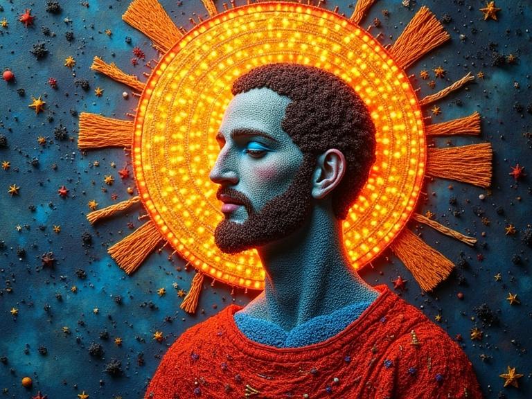 This image showcases a saint figure surrounded by a vibrant glowing halo made of lights. It combines elements of traditional needlework with modern techniques creating a dynamic artistic representation. The background features intricate details such as stars, enhancing the overall theme.