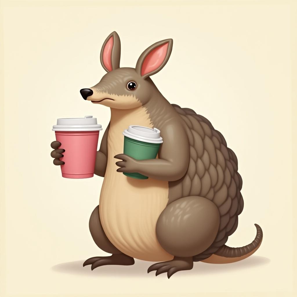 No Background. Armadillo holding a pink coffee cup with a white lid. Smaller armadillo holding a green coffee cup with a white lid.