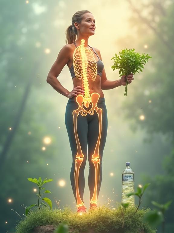 Cover for eBook on strength and proactive bone health for women over 50. Features mature woman in activewear reflecting resilience. Glowing skeleton representation hints at osteoporosis focus. She holds a green vegetable and water bottle. Background evokes calm and wellness with natural tones.
