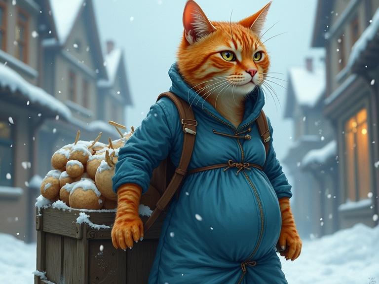 A hyper-realistic illustration of a pregnant orange cat dressed in a tattered blue dress. This cat pulls a heavy cart filled with goods through snowy streets. The cat shows determination and strength. A wintery cityscape with snow-covered rooftops is in the background. Some windows glow warmly.