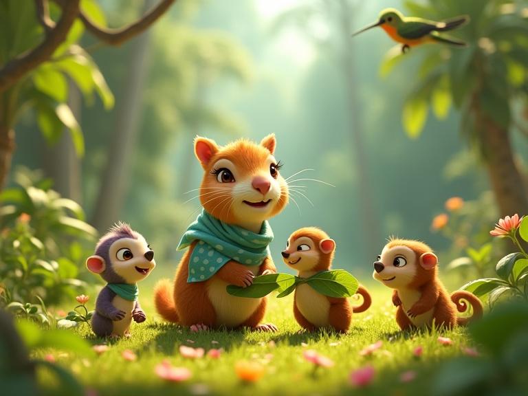 Vibrant jungle clearing filled with grass and flowers. Cuy with golden-brown fur, big hazel eyes, chubby cheeks, and a pink nose. Iconic light teal scarf with white polka dots. Teaches jungle animals to build wings from banana leaves and vines. Little monkeys and toucans laugh and fumble. Cuy kneels by a baby sloth, adjusting its wing. Medium owl on a branch observes along with a green hummingbird. Atmosphere filled with hope, joy, and inspiration. Disney Pixar style. 16:9 aspect ratio.